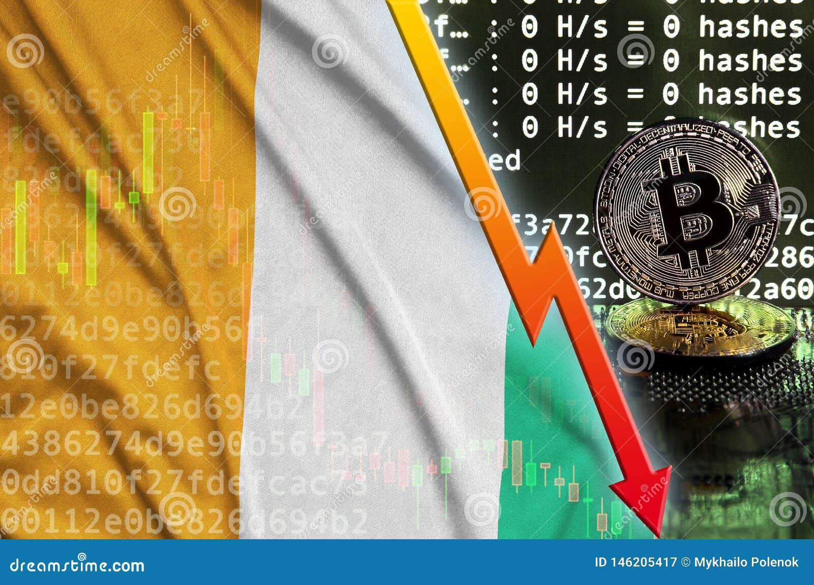Ivory Coast Flag And Falling Red Arrow On Bitcoin Mining Screen And - 